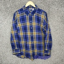 LOGO Lori Goldstein Top Womens Large Blue Plaid Button Up Tunic Collared Ladies