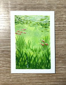 ACEO Original Art Card Painting, Under Water Landscape, Acrylic, 2.5 x 3.5