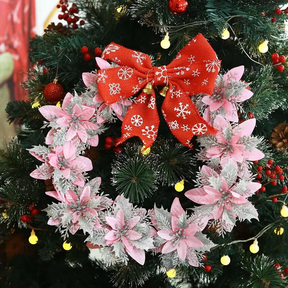 Fiori Artificiali Glitterati per Albero Di Natale, Ornamenti Natalizi, Rosa, Ros - Immagine 4 di 4