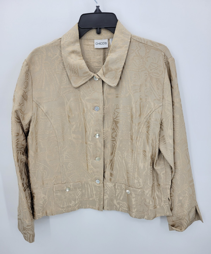 Chicos Jacke Damen Große 2 Hellbraun Jacquard Seide Knopfleiste Kunstvoll Leicht