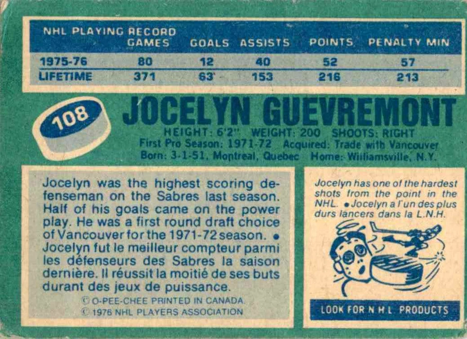 1976-77 O-Pee-Chee Jocelyn Guevremont #108 - Image 2 of 2