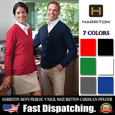 Harriton M425 Men's Acrylic Pilbloc V Neck Button Cardigan Long Sleeve Sweater