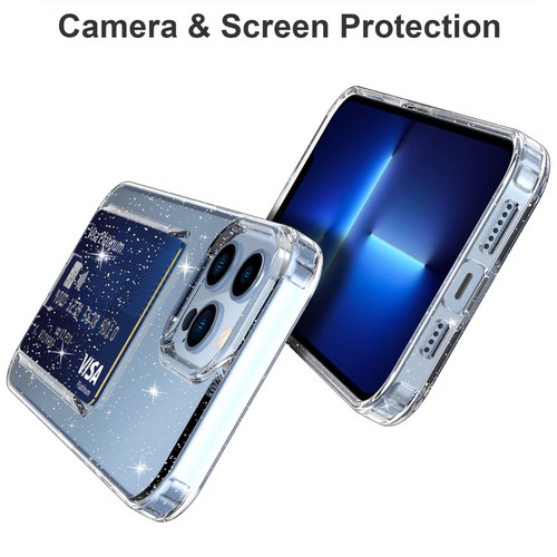 For iPhone 14 13 12 Pro Max Glitter Bling Back Card Holder Shockproof Clear Case - Picture 17 of 40
