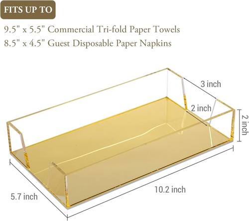 Clear Acrylic Folded Paper Towel Holder w/ Brass Base, Disposable Napkin Tray - Picture 4 of 7