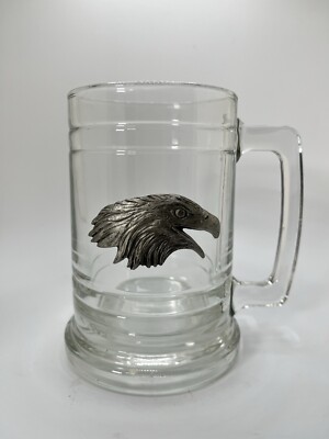 AMERICAN EAGLE GLASS TANKARD~RAISED PEWTER EAGLE~HOLDS 16 OZ.~5 1/8'' H~VINTAGE