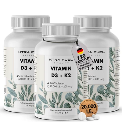 XTRA FUEL Vitamin D3 + K2 - 720 Tabletten 20.000 I.E. + 200mcg - 100% rein & hochdosiert