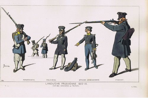 Uniformes de soldados prusianos, Landwehr (1813-15) - Jacquemin 1869 coloreados a mano - Imagen 1 de 2