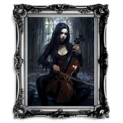 Goth Girl playing Cello on a Wednesday Gothic Wall Art Paper Poster Prints Dark