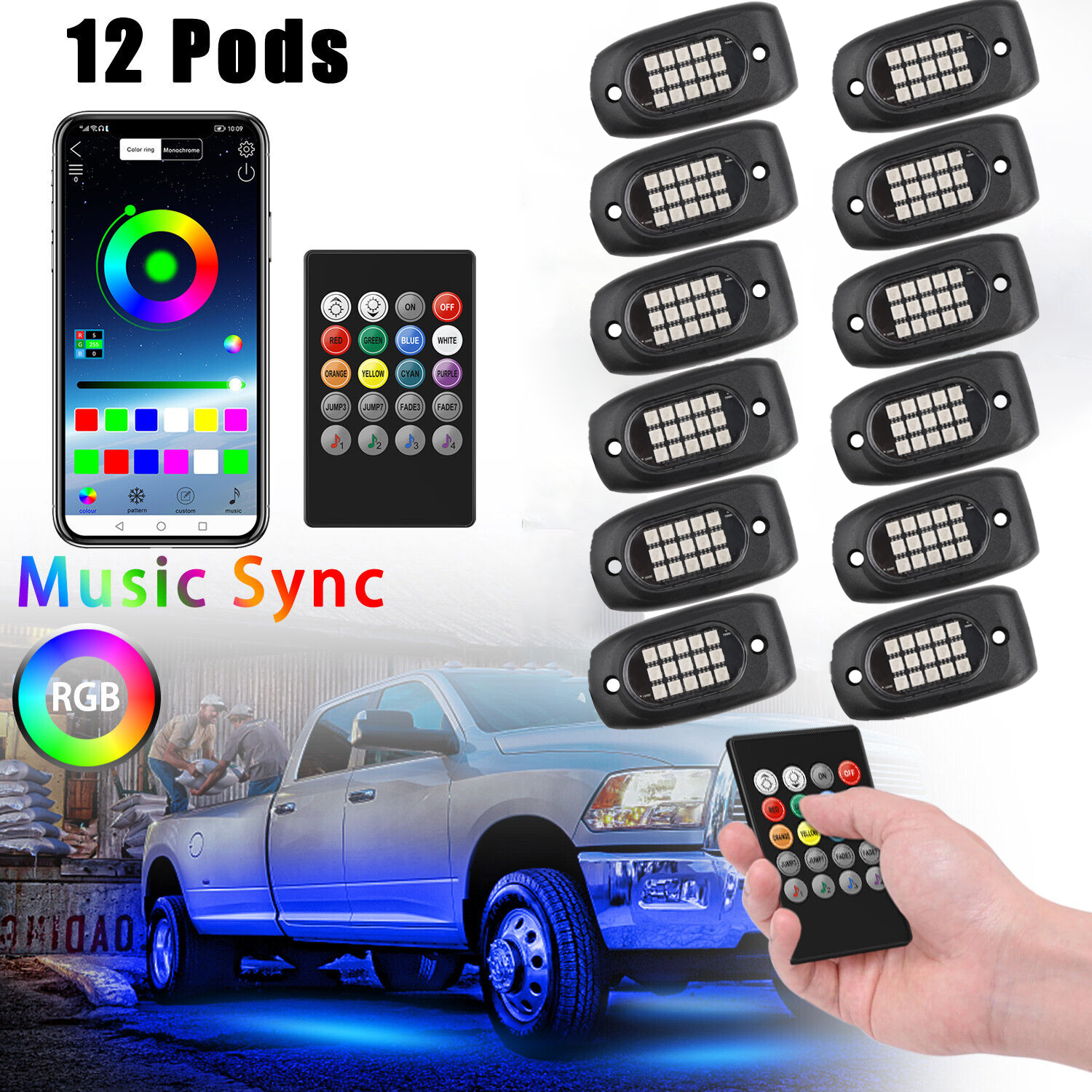 12Pods RGB LED Rock Lights For Jeep Off-Road Truck UTV ATV Underbody Wheel Light