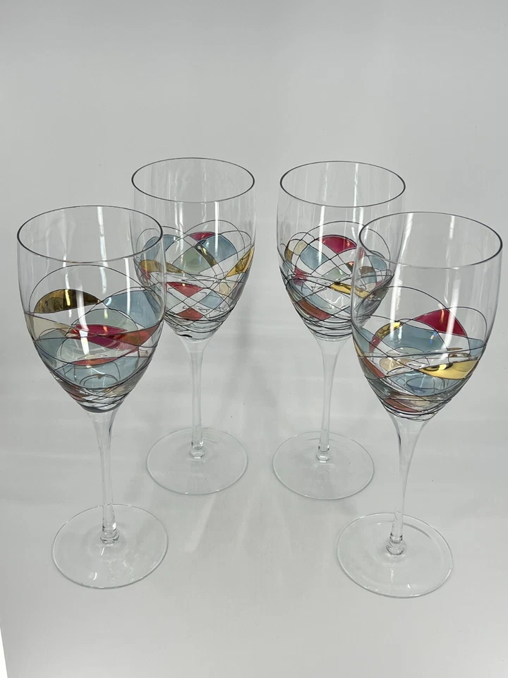 "4 copas de vino StunniMilano Fostoria Rumania mosaico manchado sopladas a mano 10,75"" WOW" Foto 2 de 4