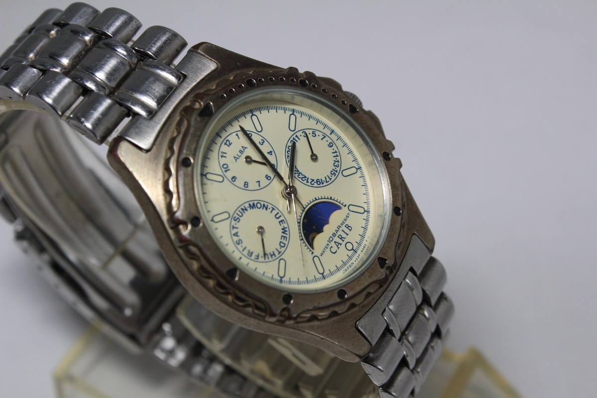 SEIKO vintage ALBA CARIB V33F-6B20 sun moon analog watch Japan | eBay