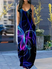 Womens Stretch Knit Abstract Print Pockets Spaghetti Strap Maxi Dress Plus Sz 1X
