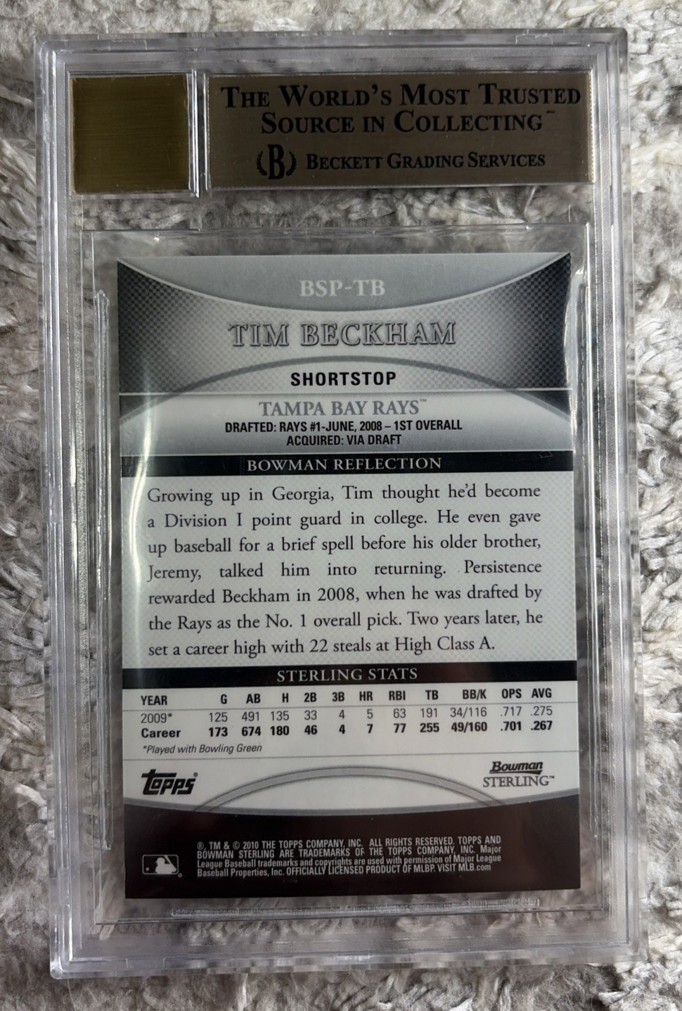 2010 Bowman Sterling Tim Beckham Prospect Auto #BSP-TB Rays BGS 9.5 view 2