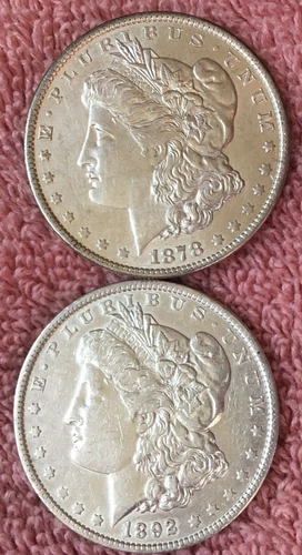 2 X MORGAN SILVER DOLLARS  1878 -P 3RD REV. / 1892-P.  AU./ UNC .DETAILS  # 38