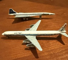 Vintage 1970s Playart United Airlines DC-8 & BOAC Concorde model planes