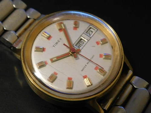 Vintage Timex Day Date Red Hands Gold Tone Bezel Marlin Running **Read**