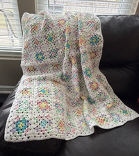 Handmade Corcheted pastel  white afghan 37 x 48 lapghan, crib, throw