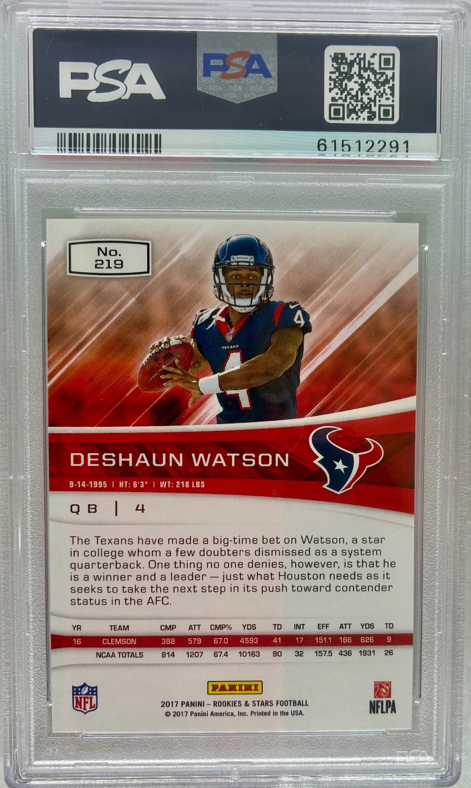 2017 Panini Rookies & Stars #219 Deshaun Watson Rookie RC Texans PSA 10 GEM MINT view 2