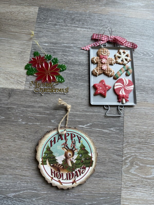Set Of 3 Christmas Holiday Ornaments Vintage Poinsettia Cookies Reindeer Decor
