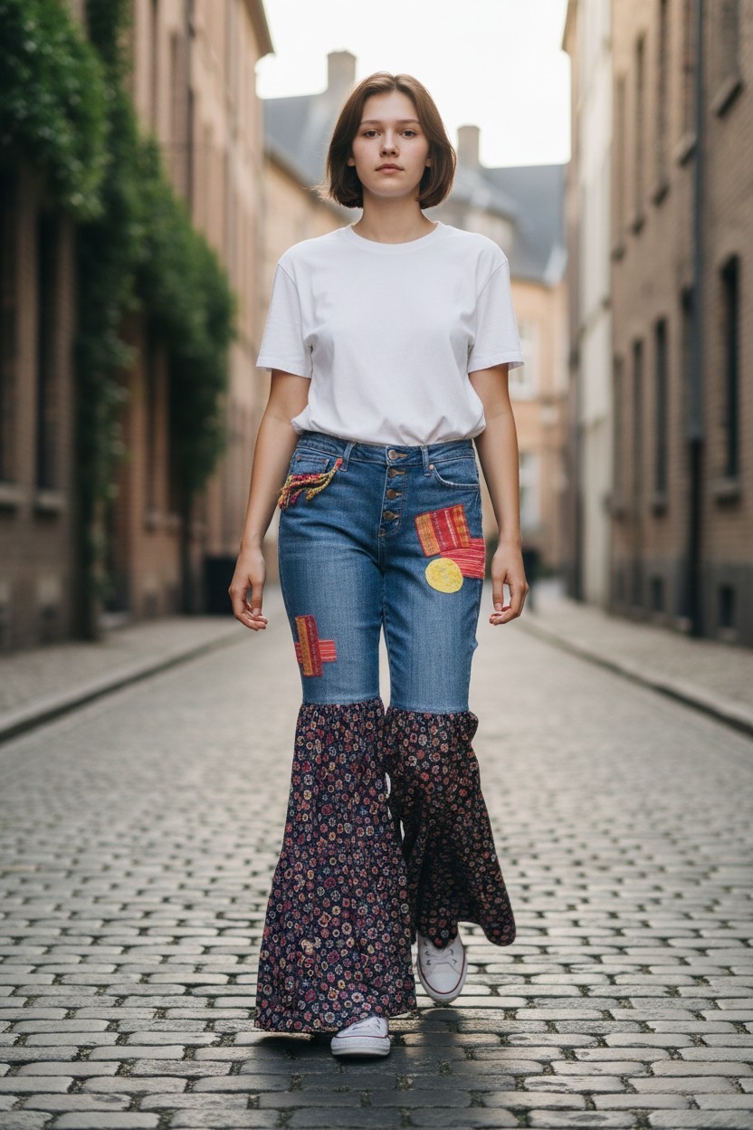 Rework Upcycled Patchwork Hippie Bell Bottom Flar… - image 1