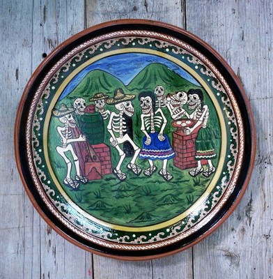 Day of the Dead Plate Dancing Skeletons Party After Posada Mexico Folk Art Large