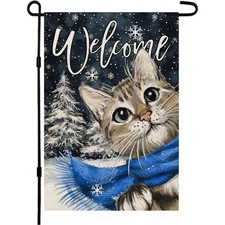Winter Cat Garden Flag 12x18 Inch Double Sided for Outside Small Welcome Burl...