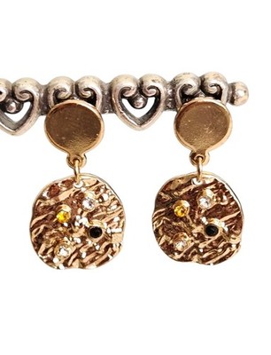 Bijou Brigitte Gold Tone Hammered Disc Drop Earrings Rhinestone