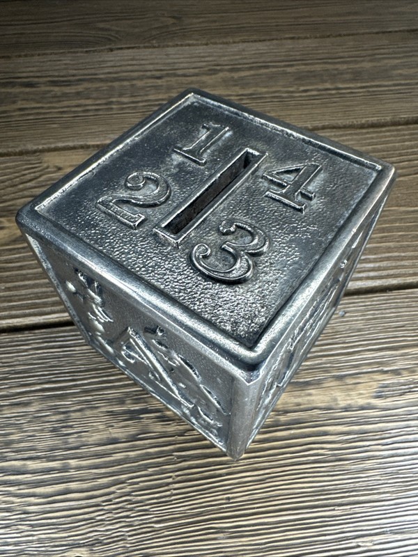 Vintage Pewter Alphabet Block Coin Bank Animals ABCD Silver Plated Cube