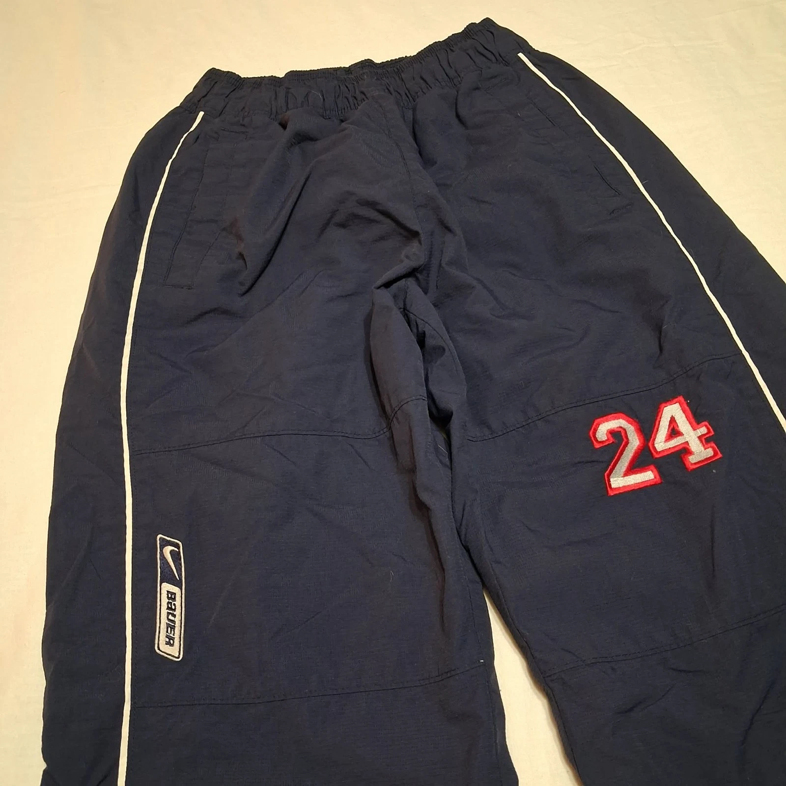 Vintage Nike Bauer Hockey Warm Up Pants Mens L Navy Blue Y2K Nylon Track Zip Leg