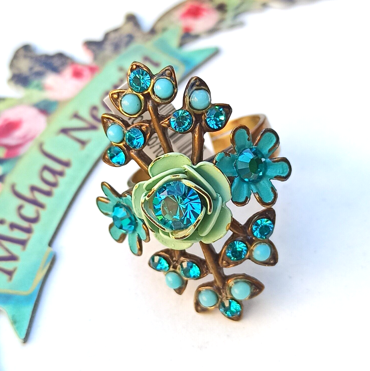 Michal Negrin Ring Turquoise Rose Floral Retro Aqua Crystals