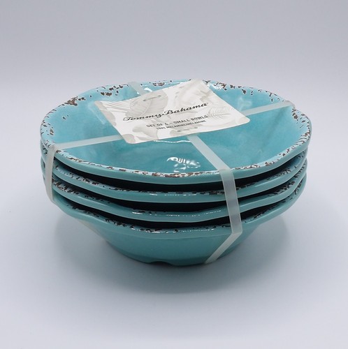 TOMMY BAHAMA MELAMINE CEREAL BOWLS RUSTIC CRACKLE TURQUOISE SPATTERED BROWN S/4 - Picture 6 of 18