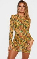 PrettyLittleThing NEW NWT RARE Pullover Yellow Cover Mini Sheer Tribal Dress 4 S