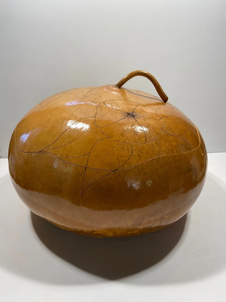 Large Gourd Bowl with Lid 16” Handcarved Etched Flowers Leaves Huge - Image 2 of 4