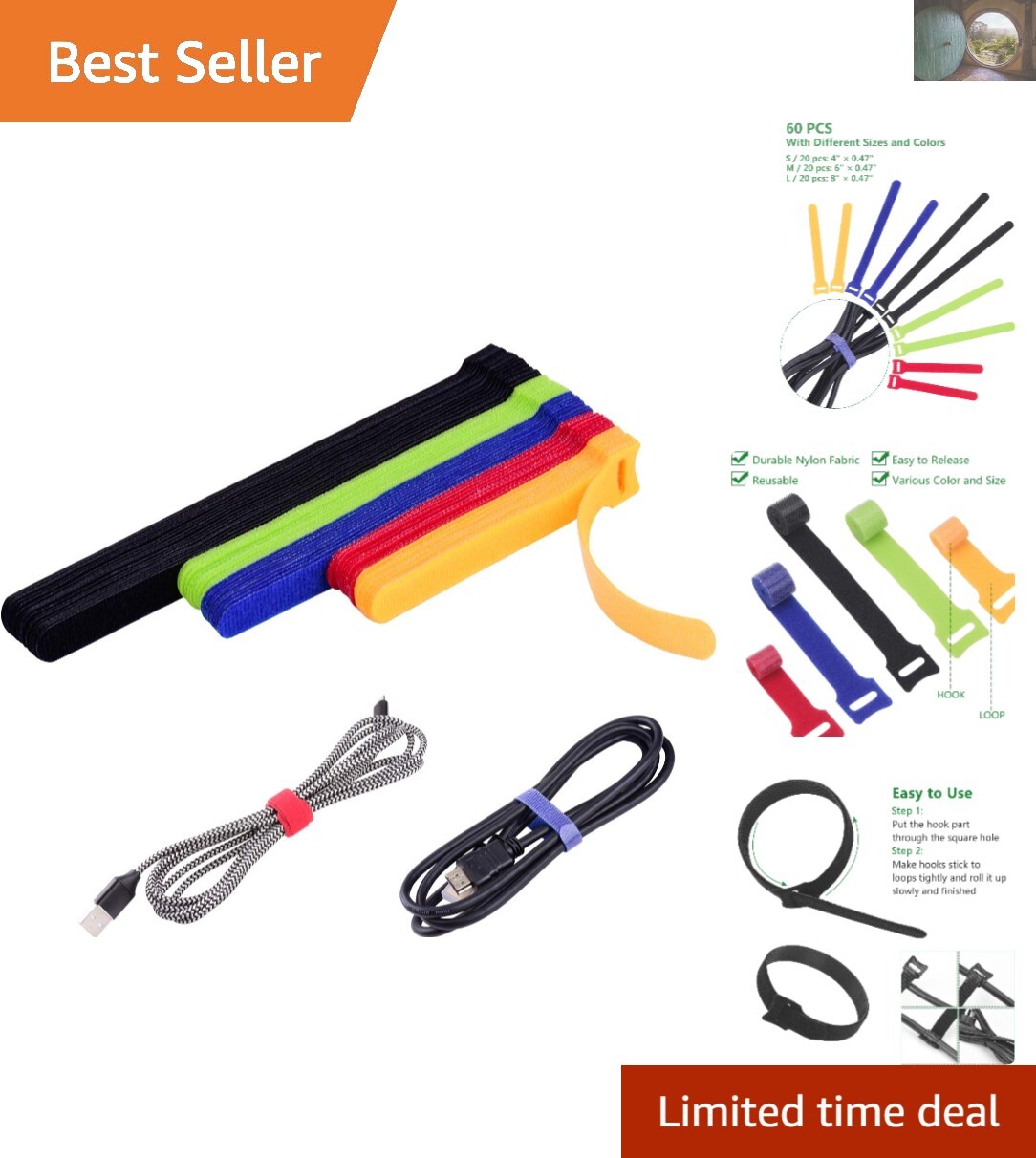 60 Adjustable Hook & Loop Cable Ties for Stylish Organization