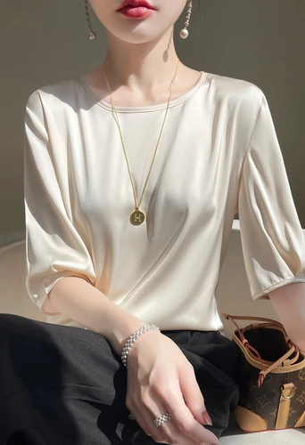 Women's Summer Round Neck Silk T-shirt Half Sleeved Shirt Loose Bottomed Top - Picture 11 of 22