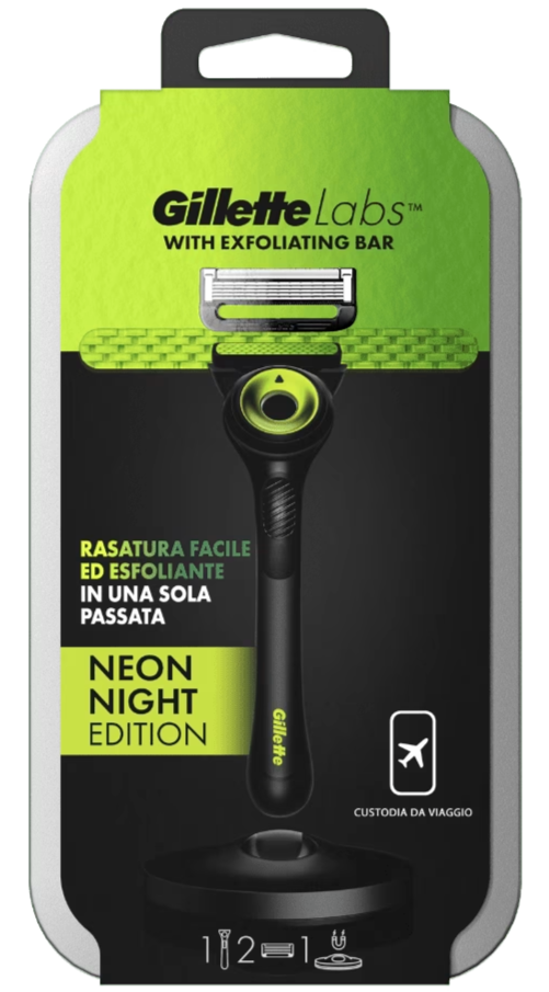 GILLETTE LABS NEON NIGHT RASOIO + 2 TESTINE RICARICA CON BASE MAGNETICA CUSTODIA