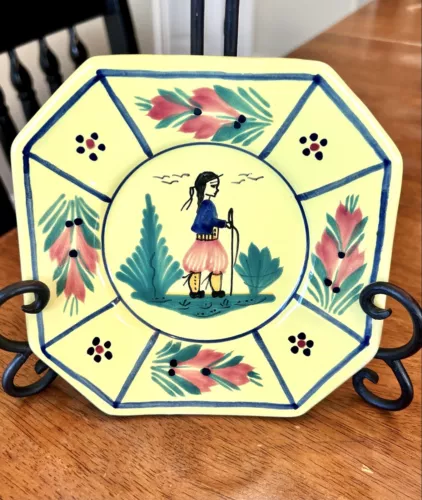HB Quimper Soleil Man  6 3/8” Octagon Yellow Bread Butter Plate Vintage France