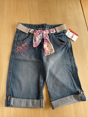 Jeans Shorts Bermuda Blumen BESTICKT PERLEN + GÜRTEL zum Knoten Gr.170 NEU