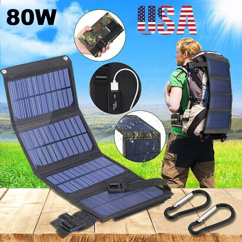 80W USB Solar Panel Outdoor Camping Hiking Phone Charger Folding Power Bank USA - Picture 1 of 17