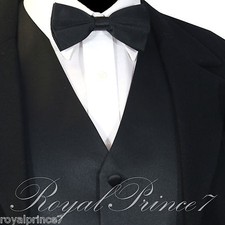 10-B BLACK Solid Tuxedo Suit Vest Waistcoat and Straight cut Bowtie Prom Wedding