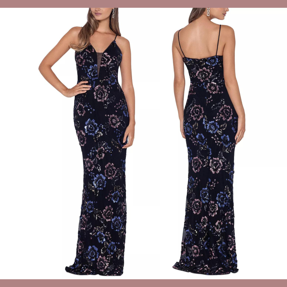 NWT $330 Betsy Adam 10 Mesh V Neck Floral Sequin Gown in