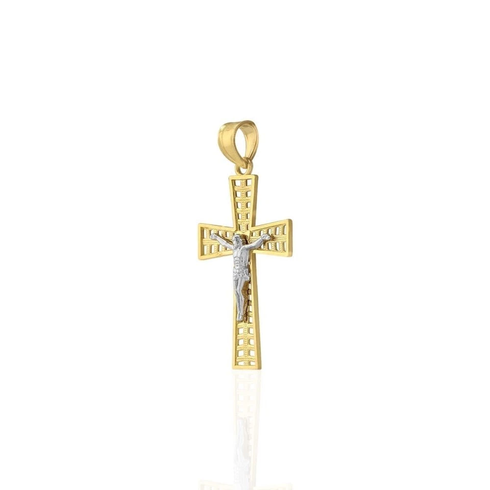 Colgante Cruz Religiosa Crucifijo Jesús Texturizado Oro Amarillo y Blanco 10k 1.34" Foto 3 de 4