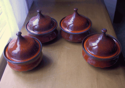 Henrik Ditlev 4 covd pots~Red drip glaze~1960's~Danmark~Danish Modern~Pristine