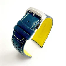 Blue Yellow Stitching Curved End Leather Replacement Watch Band Strap #1547