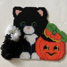 Vintage Needlepoint On Plastic Black Cat  Pumpkin Halloween 3D Tail 12x10.5 In