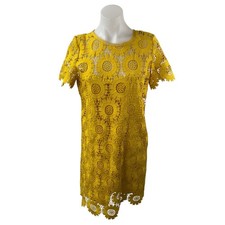 Ann Taylor LOFT Women Yellow Floral Lace Crochet Short Sleeve Mini Shift Dress 8