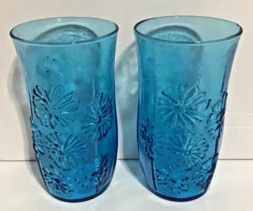 Set of 2 Vintage Anchor Hocking Spring Song Daisy Aqua Blue Glass Tumblers