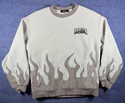 Aelfric Eden Crewneck Sweater Mens M Beige Flames Lover Embroidered Streetwear