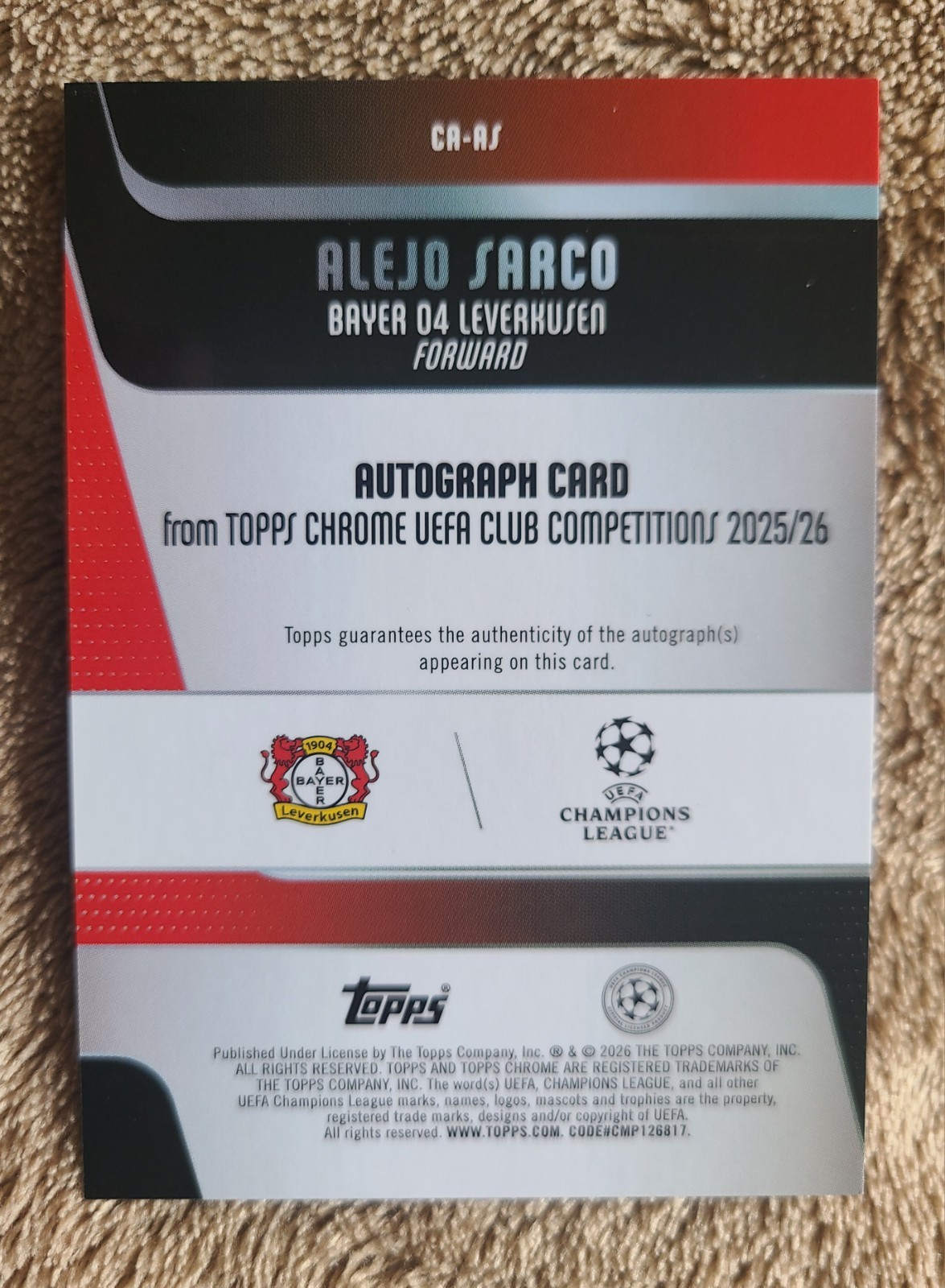 2026 Topps Chrome UEFA  Alejo Sarco Refractor Rookie Auto #CA-AS Bayer view 2