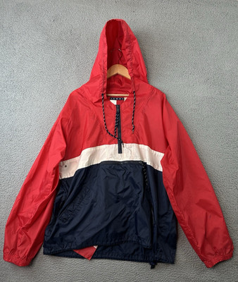 VTG Tommy Hilfiger Jacket Men XL Red White Blue Hooded Windbreaker Anorak 90s